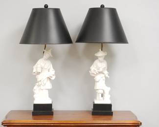 Fabulous pair of c. 1973 Chapman chinoiserie blanc de chine lamps with their original shades