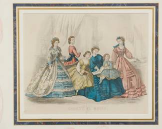 Detail of the antique Gody's Lady's Book fashion prints in custom framing with custom mats.