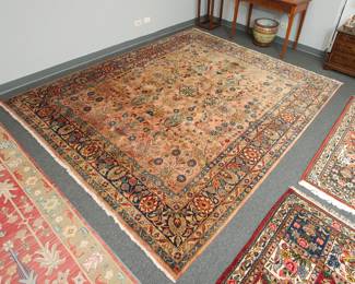 Another view of the semi-antique Persian Sarouk room size rug measuring about 8' by 10' in excellent overall condition with very minor OLD moth damage on one end.  Overall a gorgeous rug with a wonderful sheen.