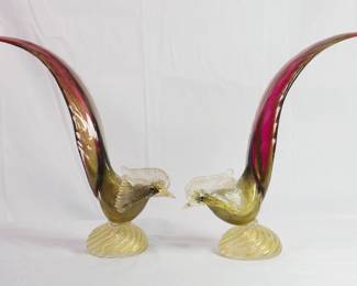 Large mid century Murano Glass handblown pheasant figures retaining their original labels