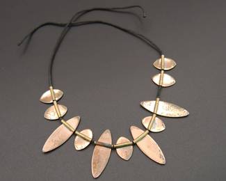 Gorgeous and rare signed mid century Audrey & Robert Engstrom enamel on copper Atomic Fish necklace and earring set