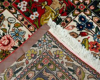 Showing the back of the Authentic Persian rug, Bakhtiari garden pattern with animals, 41" by 63"