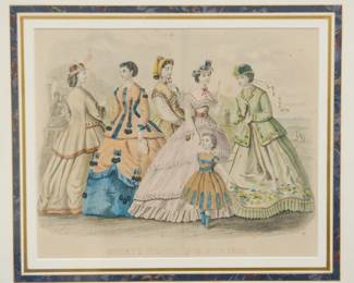 Detail of the antique Gody's Lady's Book fashion prints in custom framing with custom mats.