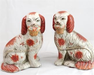 Pair of Staffordshire Style Red Spaniels with Baskets, 6 1/2" tall
