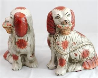 Pair of Staffordshire Style Red Spaniels with Baskets, 6 1/2" tall