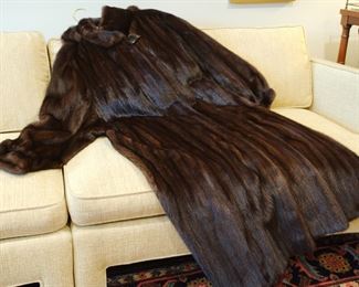 GORGEOUS Full length mink coat with detachable hood, female pelts, in good condition. approximately a size 12 to 14.  Retains original lining which has minor separation in the satin seam.