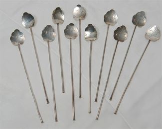Set of eleven Cuernavaca MDR sterling silver Hecho en Mexico mate straw spoons, weight is 84 grams, approximately 2 1/2 troy ounces of pure silver.
