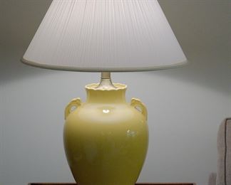 Vintage Frederick Cooper lamp in a Chinese monochrome style Imperial yellow  form.  17" tall to bottom of socket, 30" tall to finial, shown while lit.