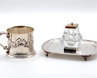 Antique Pairpoint Manufacturing Company silverplated mug and a vintage English silverplated inkwell, the inkwell "as is"
