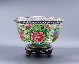 Another view of the vintage Chinese plique-à-jour cloisonné enamel large bowl on carved wood stand