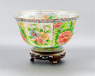 Vintage Chinese plique-à-jour cloisonné enamel large bowl on carved wood stand