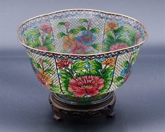 Another view of the vintage Chinese plique-à-jour cloisonné enamel large bowl on carved wood stand