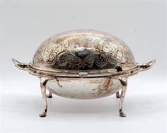 Gorgeous antique hinged lid silverplate server for hot or chilled items by James Dixon & Sons, Sheffield, England