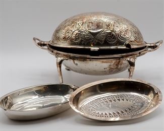 Another view of the gorgeous antique hinged lid silverplate server for hot or chilled items by James Dixon & Sons, Sheffield, England