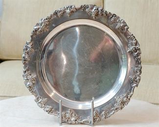 Large round silverplate grape pattern serving tray