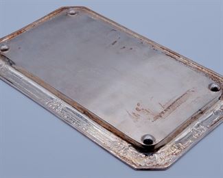 Underside of the antique Barbour Silver Plate Company/International Silver Co footed rectangular tray with canted corners