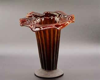 A different view of the hand-blown Scavo glass vase in a deep caramel color in the style of Barovier Cordonato D'Oro, probably Italian