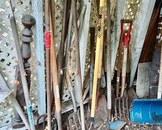 Assortment of Rakes, Shovels, Gardening Tools