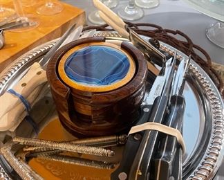 Wood and Blue Agate Geode Stone Coasters with Holder, Assortment of Steak Knives