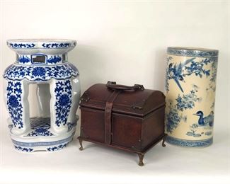 Bombay Garden Seat, Blue And White Umbrella Stand And Small Chest