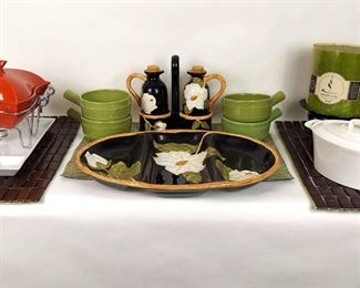 Ceramic Serveware In Green With Touch Of Red And White