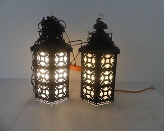 Vintage 1980s Pier 1 Imports Oriental Style Hexagon Pair of Swag Lanterns - Black Metal/White