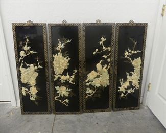 Vintage MCM Asian Chinoiserie Black Lacquer 4-Part Wall Hanging - Mother-of-Pearl Peacock Design - 12" x 36" Each