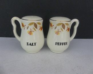 Vintage 1933-1976 Hall's Superior Kitchenware "Autumn Leaf" Left & Right Handled Range Salt & Pepper Shakers
