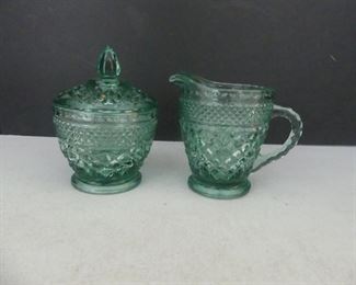Vintage Anchor Hocking "Wexford - Green" Covered Sugar Bowl & Creamer