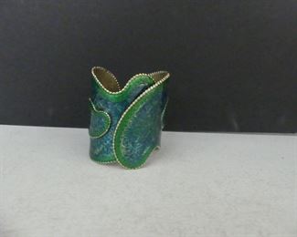 Vintage Signed (Ellen or Elle N) Enameled Cuff Bracelet - Blue/Green & Gold Tone