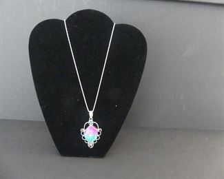 Solar Quartz/Garnet/Blue Topaz Pendant in Stamped 925 Setting on 925 Sterling Silver Chain - Chain 23" 5.1g