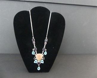 Unakite/Blue Topaz/Amethyst Lobster Claw Clasp Necklace in Stamped 925 Settings - 22"