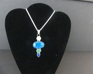 Botswana Agate/Emerald Quartz/Iolite/Moonstone Pendant in Stamped 925 Settings on Sterling Silver Italy Chain
