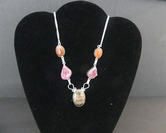 Jasper/Druzy Quartz/Carnelian Lobster Claw Clasp Necklace - 22"