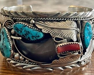 Vintage Navajo M Thomas Jr. Sterling Silver Cuff Bracelet - Bear Claw - Turquoise & Coral - 73.1 Grams