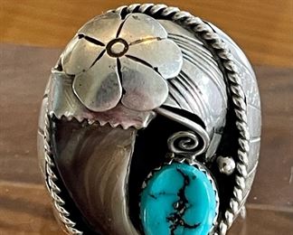 Vintage Navajo M Thomas Jr Sterling Silver - Bear Claw And Turquoise Ring - Size 9.75 - 15.1 Grams