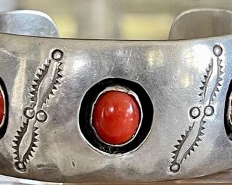 Navajo Old Pawn Sterling Silver And Coral Cuff Bracelet - Total Weight 60 Grams