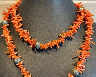 Red Branch Coral 34" Necklace With 1940's Tibetan Brass And Turquoise Inlay Beads