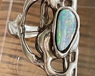 Brutalist Hand Made Sterling Silver And Opal Ring Size 9 - 19.1 Grams