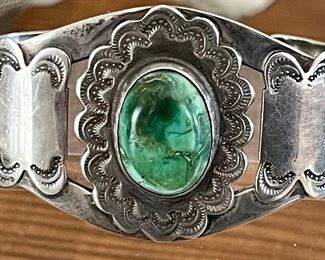 Vintage Navajo Stamp Sterling Silver And Green Turquoise Cuff Bracelet Total Weight