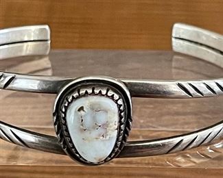 Navajo Wilson Padilla White Buffalo Turquoise And Sterling Silver Split Cuff Bracelet