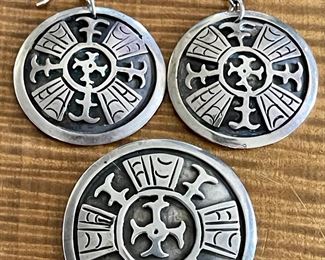 Vintage Sterling Silver Mexico TA-178 Pendant / Pin And Earrings With Chain Necklace Total Weight 44.9 Grams