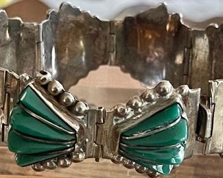 Vintage 40's Mexico Sterling Silver And Green Onyx 7" Panel Bracelet 45.3 Grams