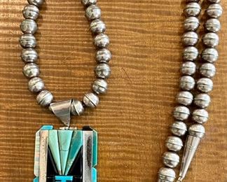 Stunning Sterling Silver Bench Bead Turquoise, Onyx And MOP Kachina Inlay Pendant Signed R Sterling (as Is)