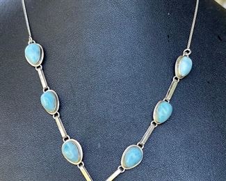 Lovely Larimar Stone And Sterling Silver 7 Cabochon 16" Necklace Total Weight 14.1 Grams