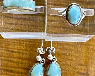 Larimar Cabochon Earrings - Inlay And Cabochon Rings Total Weight 9 Grams
