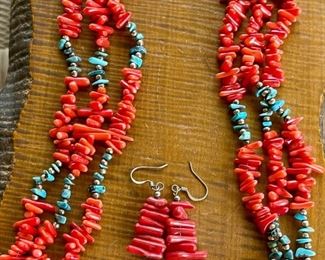 Vintage Branch Coral - Turquoise And Silver Bead Three Strand Necklace With Matching Earrings