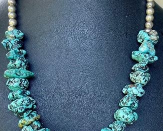 Vintage Tumbled Turquoise 18" Necklace With Sterling Silver Beads
