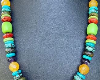Southwest Sterling Silver & Natural Stone & Color Turquoise 20" Necklace - Amethyst - Citrine - Coral -