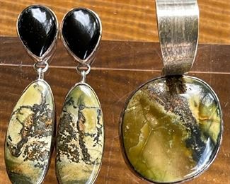 Stunning Etta Endito Navajo Sterling Silver - Onyx - Turquoise Pendant And Earrings